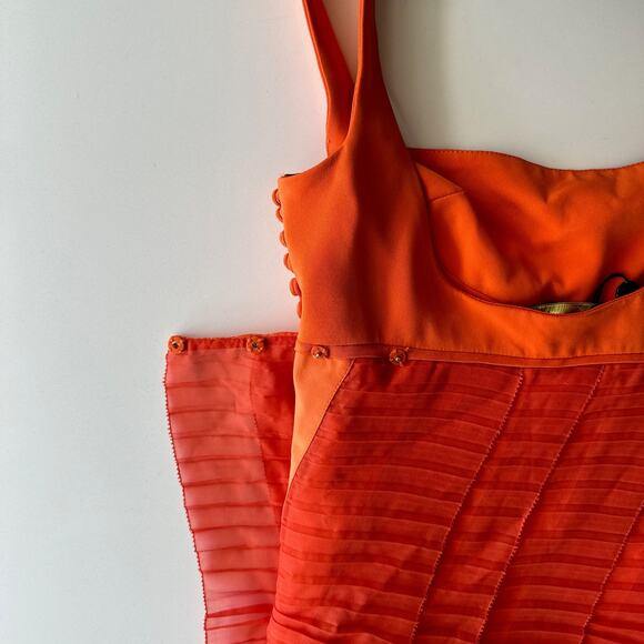 Malandrino Black Label NWT USA Made Orange Pleated Sheer Cocktail Dress 40 sz 8 - Picture 6 of 16
